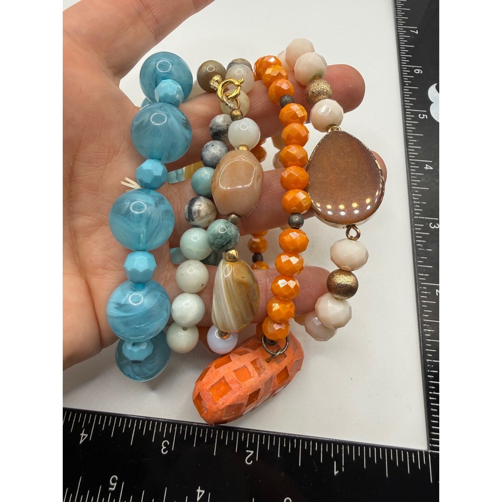Mixed Beaded Bracelet Set 5pc Boho Stretch Stone Acrylic Heart Charm Blue Orange